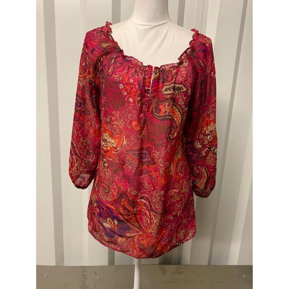 Chaps Blouse Business Casual Boho Paisley Sheer Colorful Red Size Medium Petite